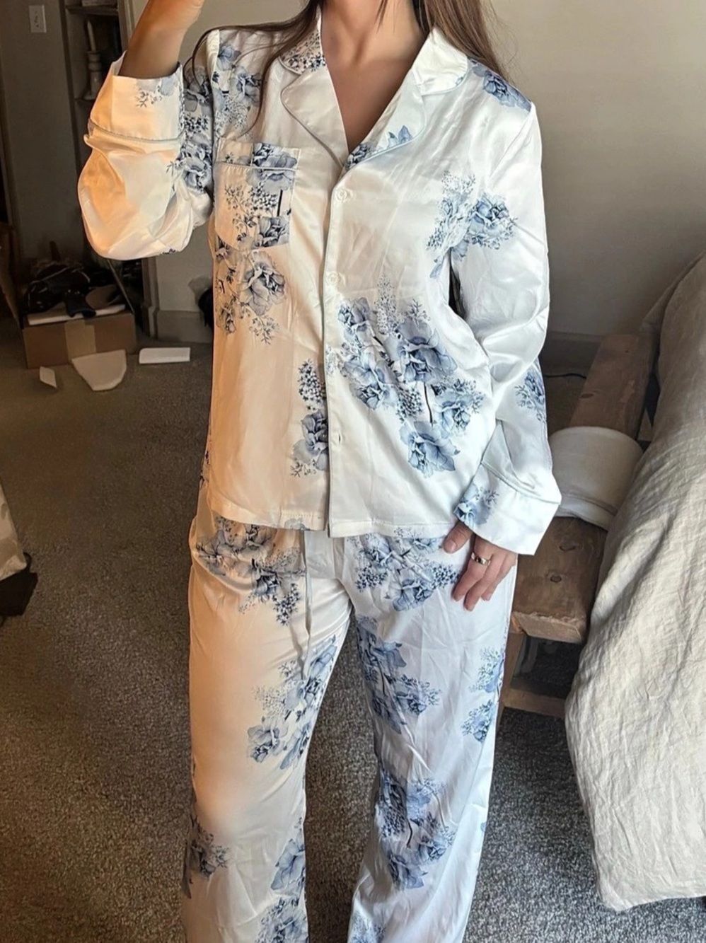 Floral Pajama Set in White & Blue